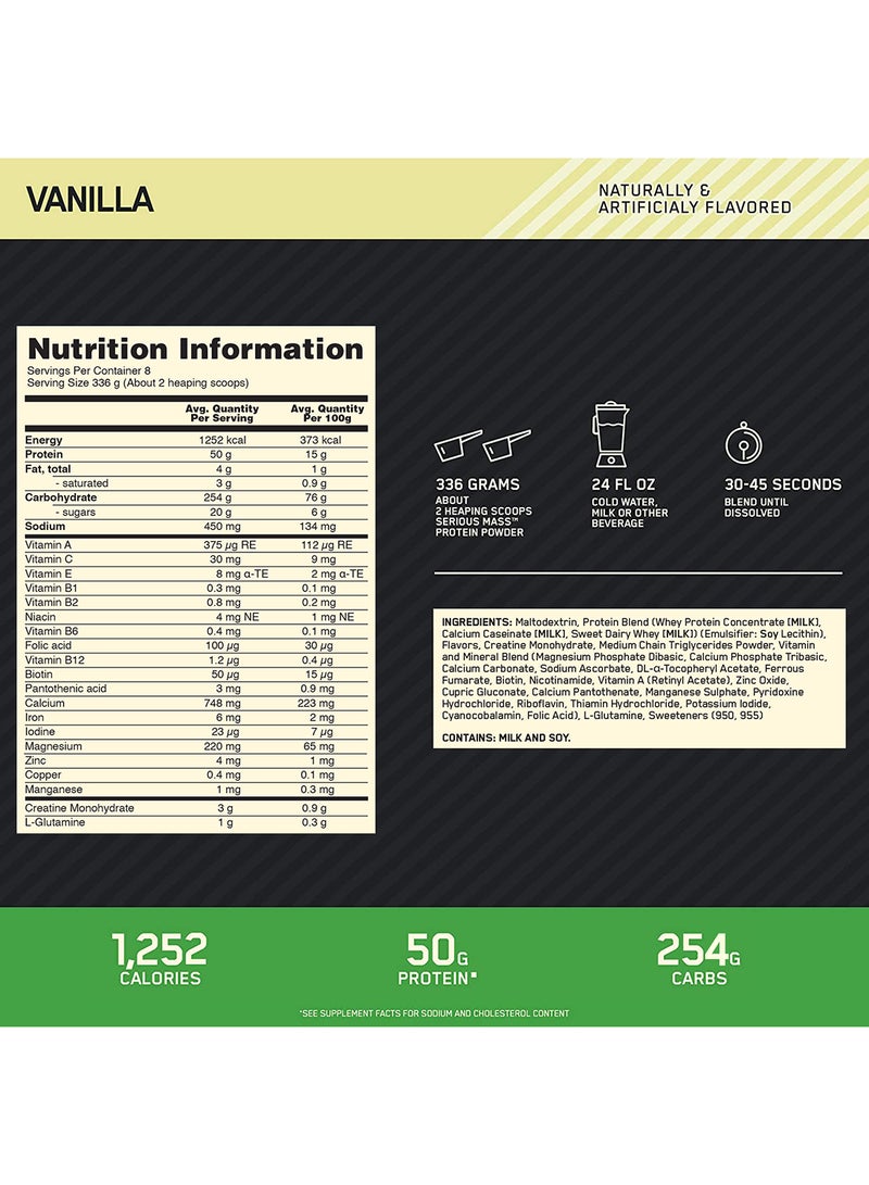 Optimum Nutrition - Serious Mass High Protein Muscle Building Weight Gainer Protein Powder Vanilla 6 Lbs 2.72 Kg - Image 1