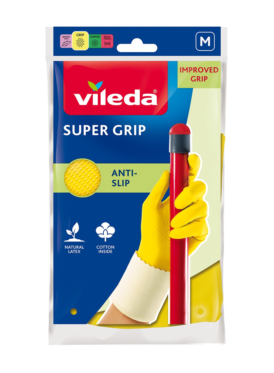 Vileda Super Grip Reusable Gloves M, Flexible, Waterproof Rubber Latex, Tear-Proof, Excellent Grip, Medium Size, Yellow (1 Pair Per Pack) Yellow