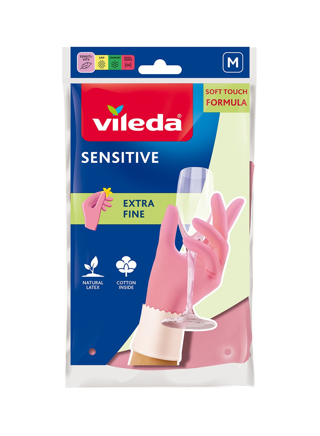 Vileda Sensitive Durable Household Gloves – Reusable Cotton-Lined Natural Latex for Better Touch & Comfort, Grip Pattern for Secure Hold – Size M – Household Cleaning Gloves Pink