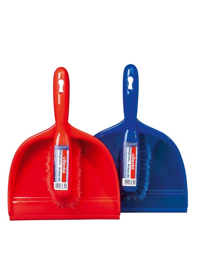 Vileda Dustpan & Brush Set – Compact Short-Handle Hand Brush, Fine Bristles for Hair & Dust, Angled Pan Edge – For Quick Clean-Ups on Hard Floors – Broom and Dustpan Set Red/Blue
