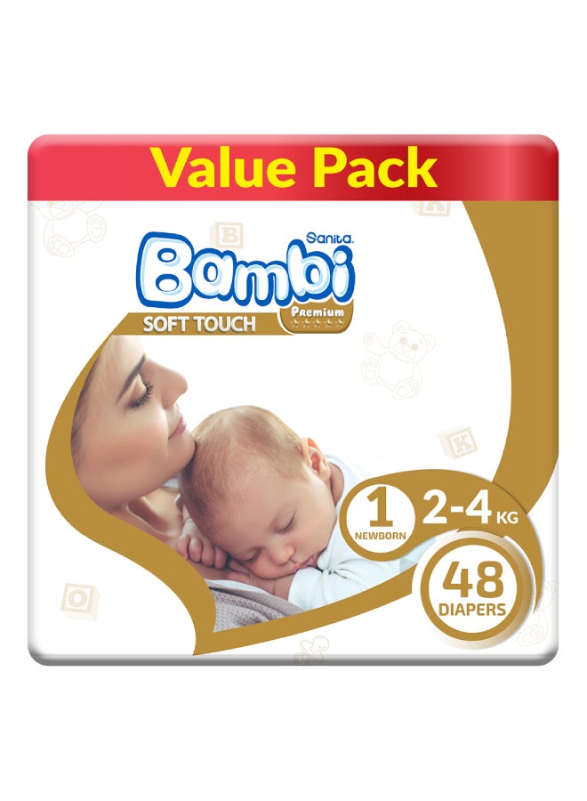 سانيتا بامبي حفاضات أطفال، مقاس 1، وزن  2 - 4 كجم، 48 قطعة - حديثي الولادة، العبوة الاقتصادية، حفاض مضغوط وامتصاص اكثر - Image 1