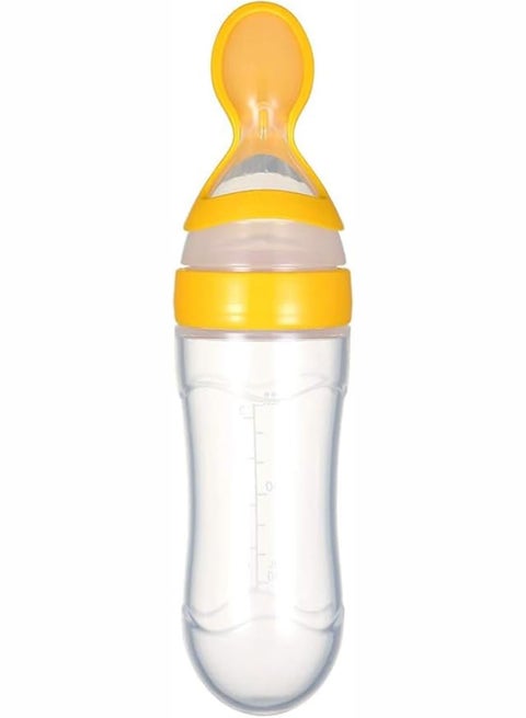 Leak Proof Food Dispensing Silicone Baby Feeding Bottle And Spoon - Yellow/Clear