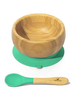 Avanchy Baby Bamboo Stay Put Suction Bowl With Spoon - Brown/Green  - Image 1