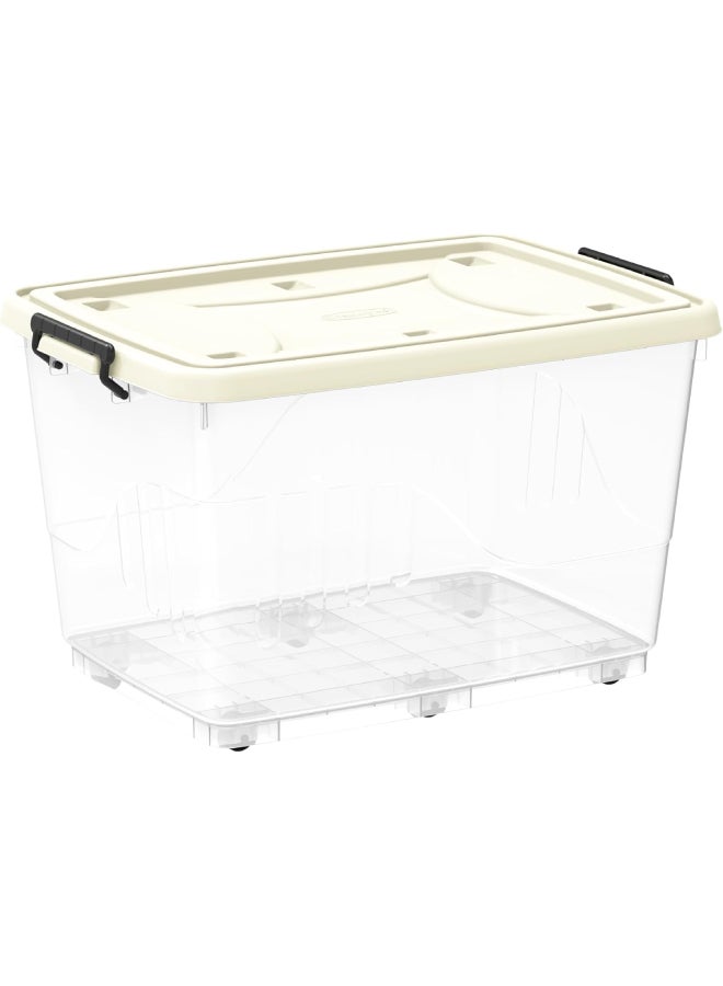 Cosmoplast Cosmoplast 82 L Clear Plastic Storage Box With Wheels & Lockable Lid Off White 68 x 49 x 41cm  - Image 1