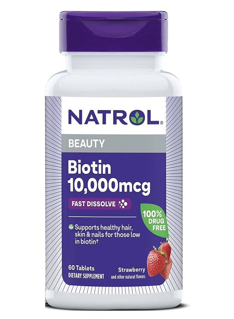 NATROL - Biotin, Natural Strawberry Flavor, 10,000 Mcg, 60 Tablets - Image 1