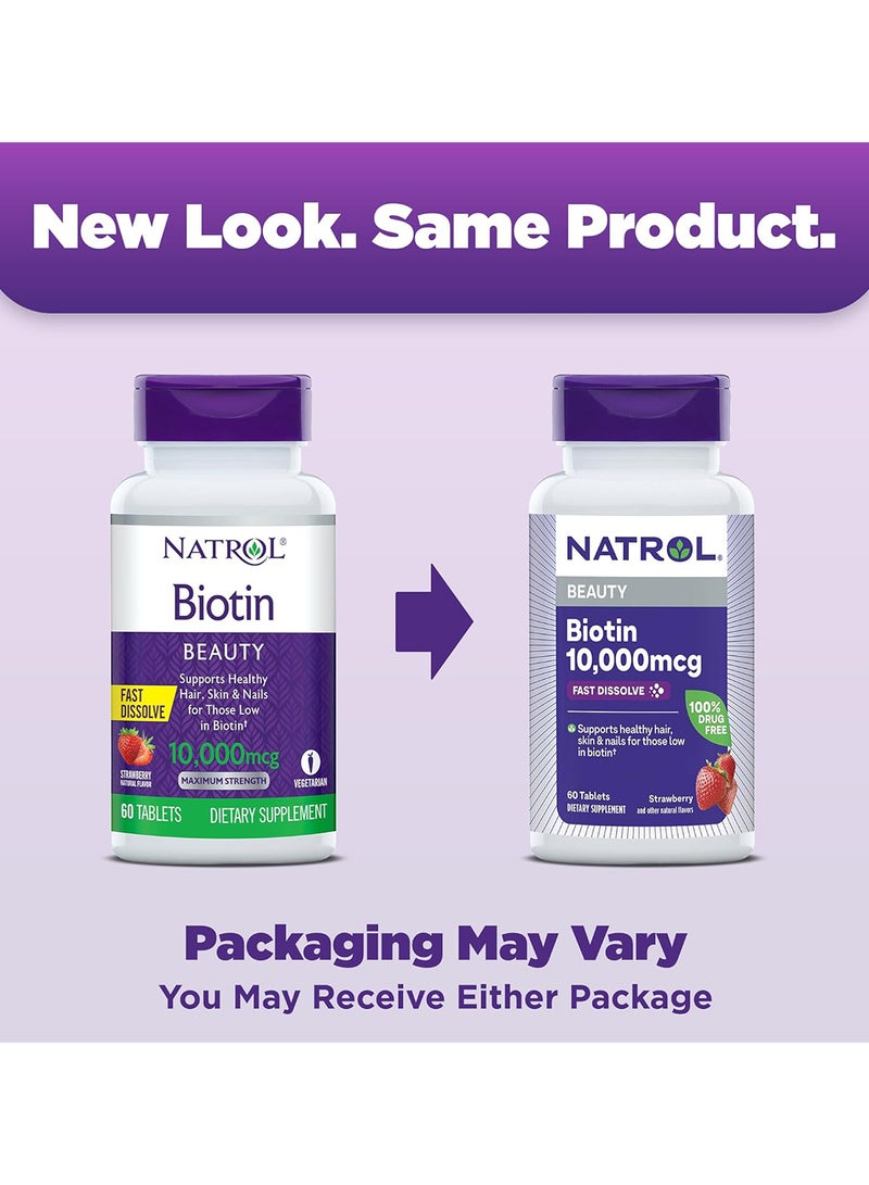 NATROL - Biotin, Natural Strawberry Flavor, 10,000 Mcg, 60 Tablets - Image 1