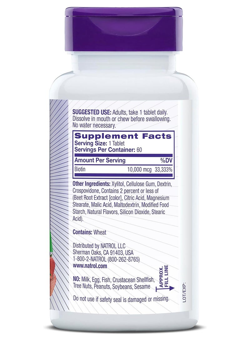 NATROL - Biotin, Natural Strawberry Flavor, 10,000 Mcg, 60 Tablets - Image 1