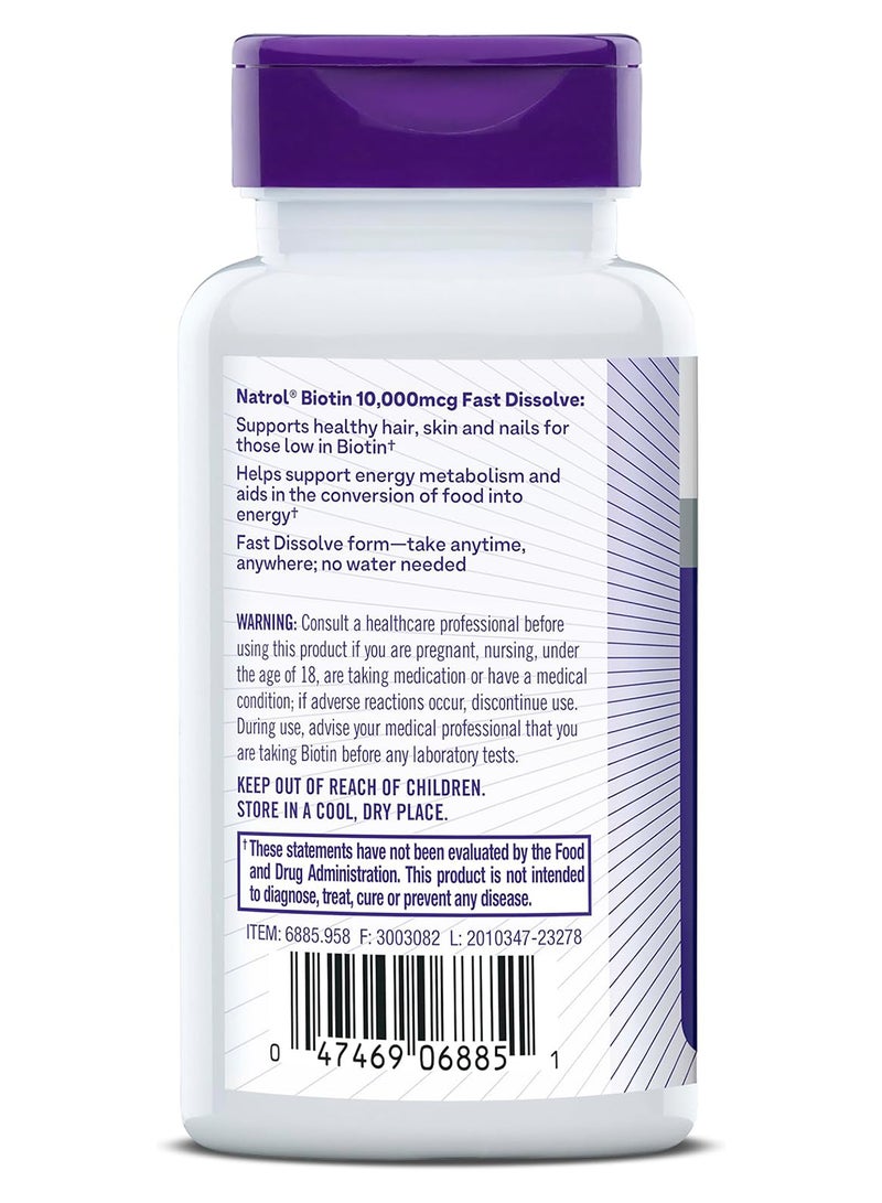 NATROL - Biotin, Natural Strawberry Flavor, 10,000 Mcg, 60 Tablets - Image 1