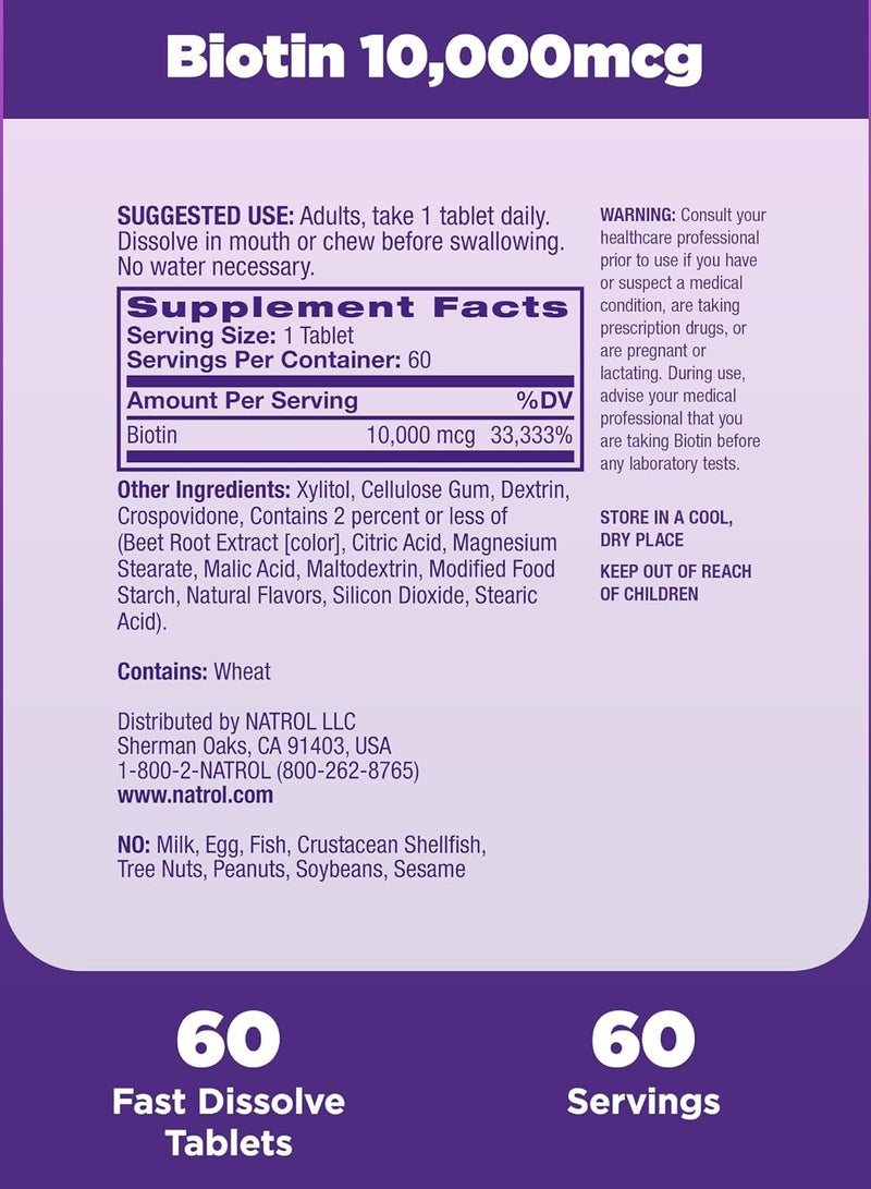 NATROL - Biotin, Natural Strawberry Flavor, 10,000 Mcg, 60 Tablets - Image 1