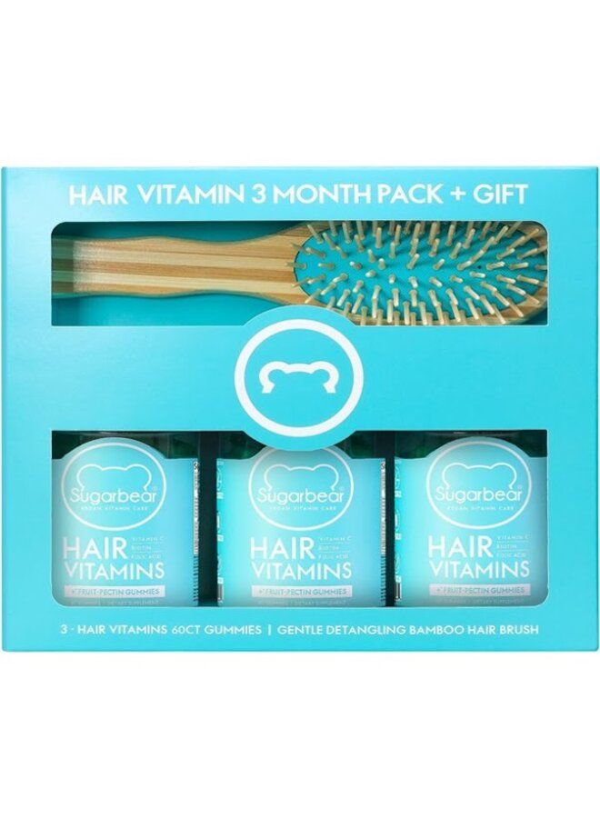 SugarBear - Pack Of 3 X 60 Hair Vitamins Vegan Gummies, 180 Gummies Gift Pack With Free Brush - Image 1