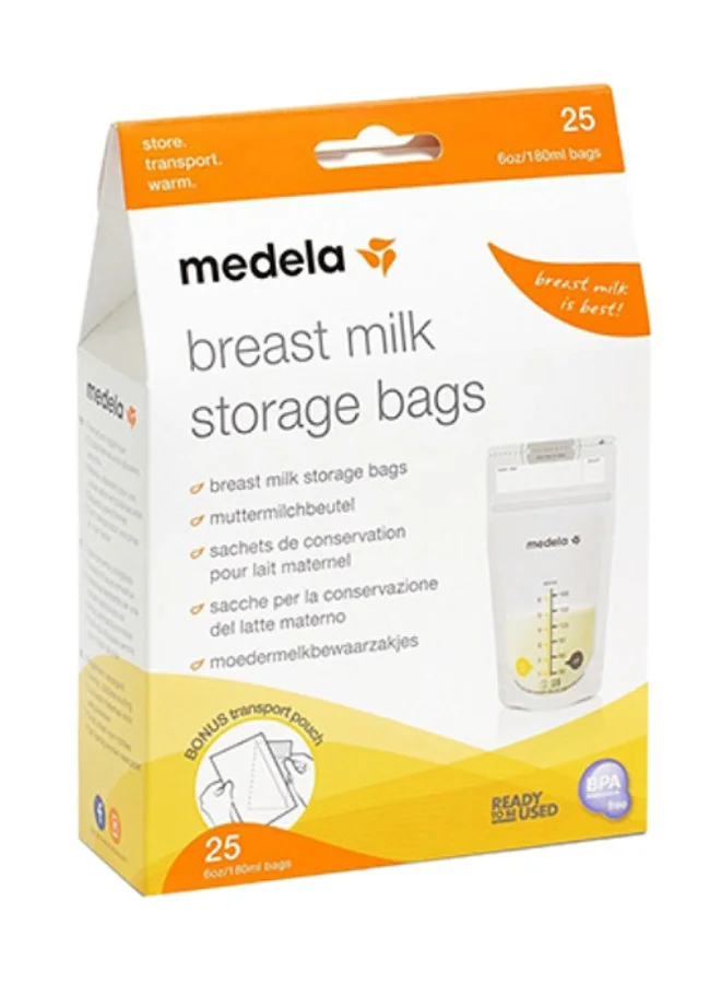 Medela Breastmilk Storage Bags, Ready To Use Breast Milk Storing Bags For Breastfeeding, Self Standing Bag, Space Saving Flat Profile, 25 Count (Pack of 1)