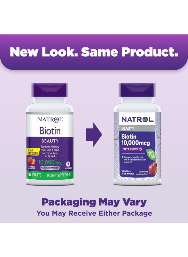 NATROL - Biotin, Fast Dissolve, Strawberry 10,000 Mcg - 60 Tablets Packaging May Vary - Image 1