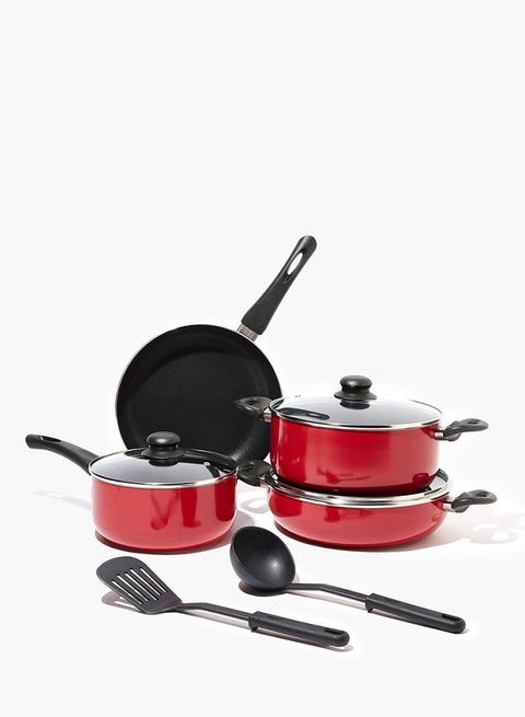 9-Piece Cookware Set - Aluminum Pots And Pans - Non-Stick Surface - Tempered Glass Lids - PFOA Free - Frying Pan, Casserole With Lid, Saucepan With Lid, Kitchen Tools - Red