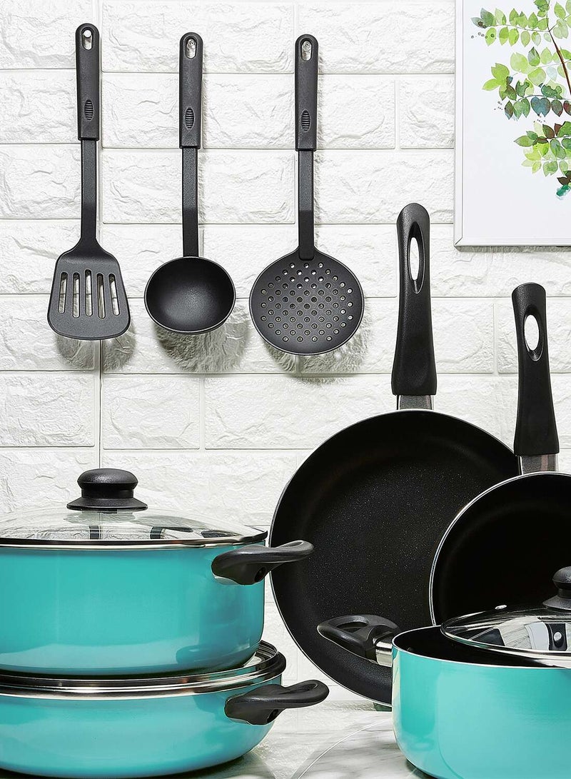 أمال طقم أدوات طهي مصنوعة من الألومنيوم مكون من 12 قطعة - قدور ومقالي - سطح مانع للالتصاق - غطاء من زجاج مقوى - طقم خالٍ من حمض بيرفلورو الأوكتانويك - لون نعناعي 12-Piece أخضر نعناعي - Image 5