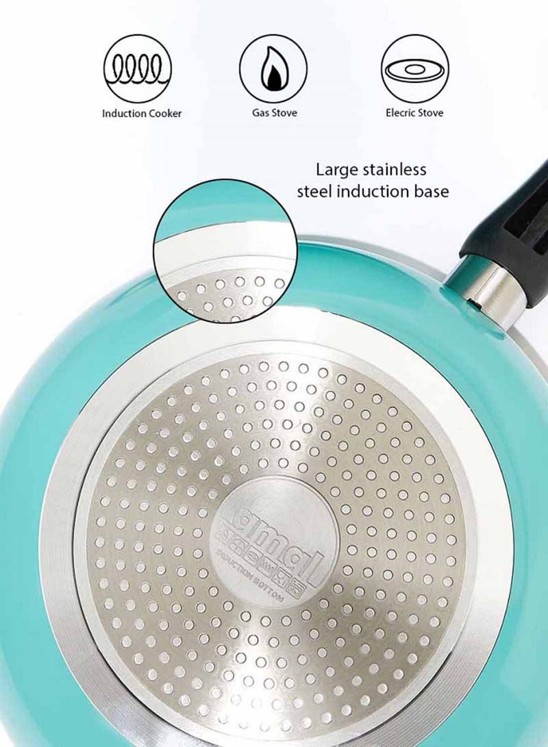 أمال طقم أدوات طهي مصنوعة من الألومنيوم مكون من 12 قطعة - قدور ومقالي - سطح مانع للالتصاق - غطاء من زجاج مقوى - طقم خالٍ من حمض بيرفلورو الأوكتانويك - لون نعناعي 12-Piece أخضر نعناعي - Image 4