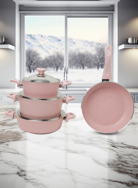 7 Pieces Turkish Granite Cookware Set With Steel Lid Pink 24x24x10.5cm