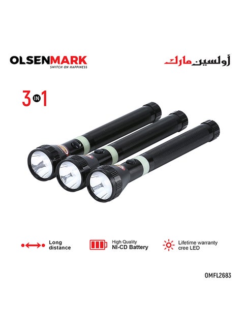 3 In1 Rechargeable LED Flashlight Torch Black/White 158grams