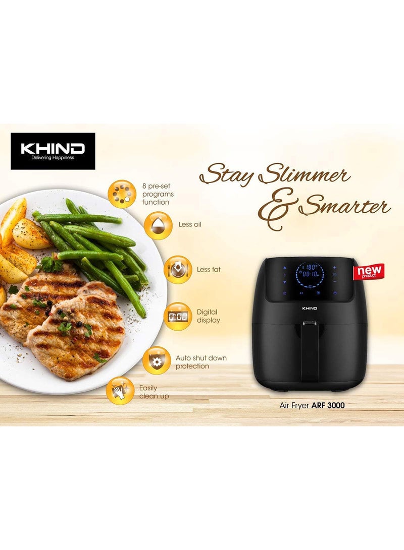 KHIND - Air Fryer, Digital Display with Touch Control, 3.5L Net Capacity, 8 Preset Menus, Variable Temperature and Timer, Food SS Grill, Low Fat Cooking 3 L 1400 W ARF 3000 Black - Image 1