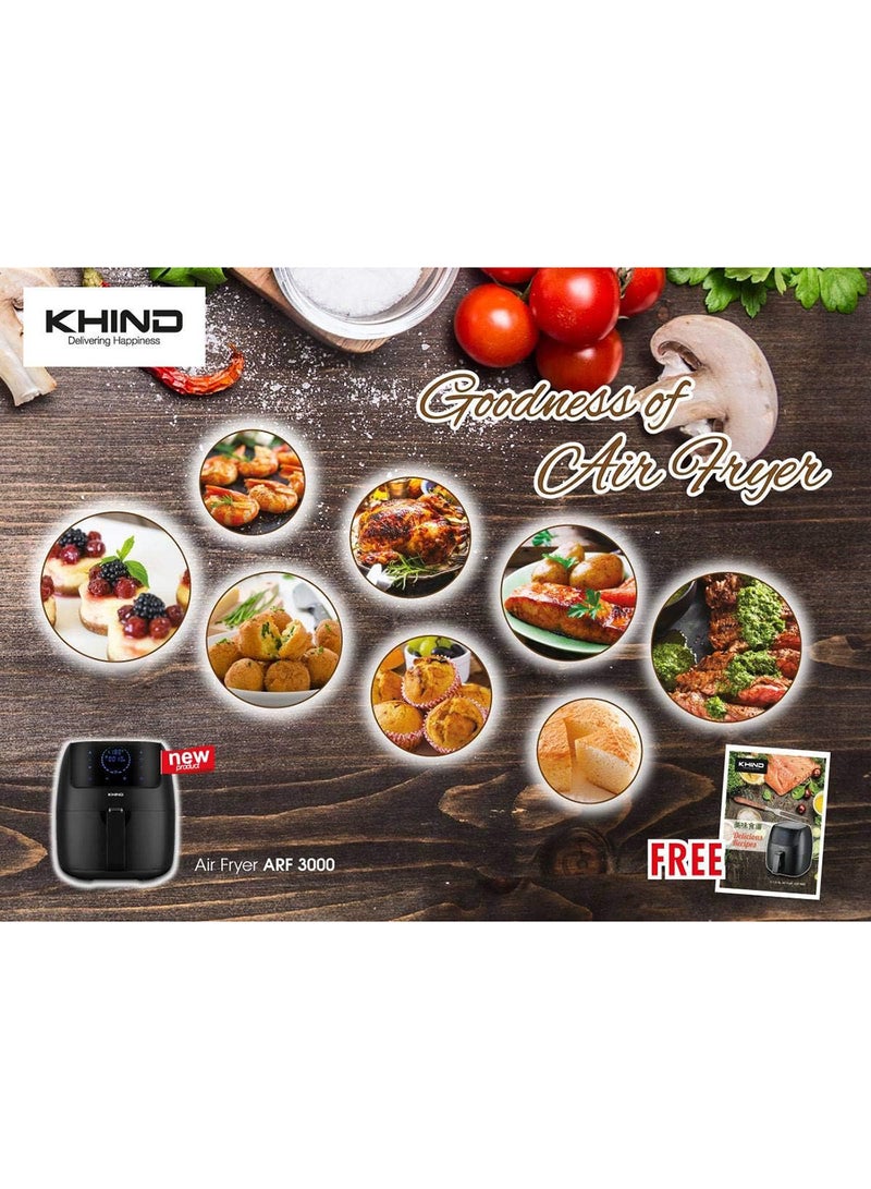 KHIND - Air Fryer, Digital Display with Touch Control, 3.5L Net Capacity, 8 Preset Menus, Variable Temperature and Timer, Food SS Grill, Low Fat Cooking 3 L 1400 W ARF 3000 Black - Image 1