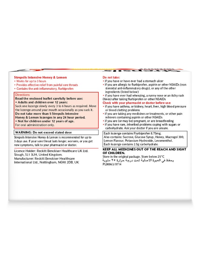 Strepsils - Intensive Honey And Lemon Contains Anti-Inflammatory Flurbiprofen Fast And Long Lasting Relief From Painful Sore Throats 16 Lozenges - Image 1