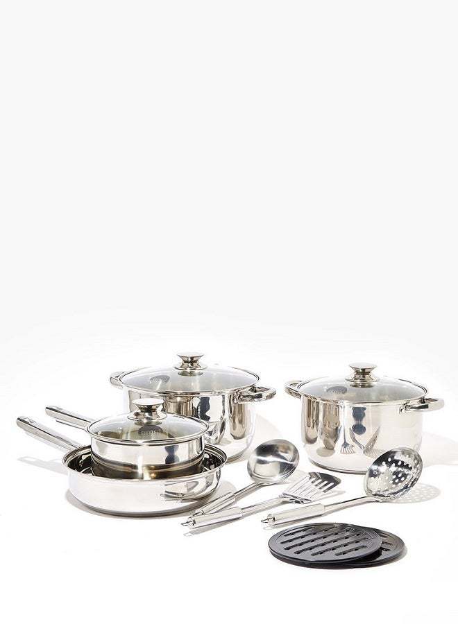 أمال طقم أدوات طهي مصنوعة من الستانلس ستيل مكون من 12 قطعة - طقم أدوات مطبخ وقدور ومقالي للطهي - لون فضي 12-Piece فضي - Image 1