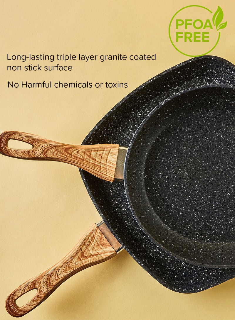 Noon East 10-Piece Cookware Set - Aluminium Pots And Pans - Non-Stick Surface - Wood Finish Handles - Tempered Glass Lids - PFOA Free - Frying Pan, Casserole With Lid, Saucepan, Grill Pan, Kitchen Tools Granite - Image 4