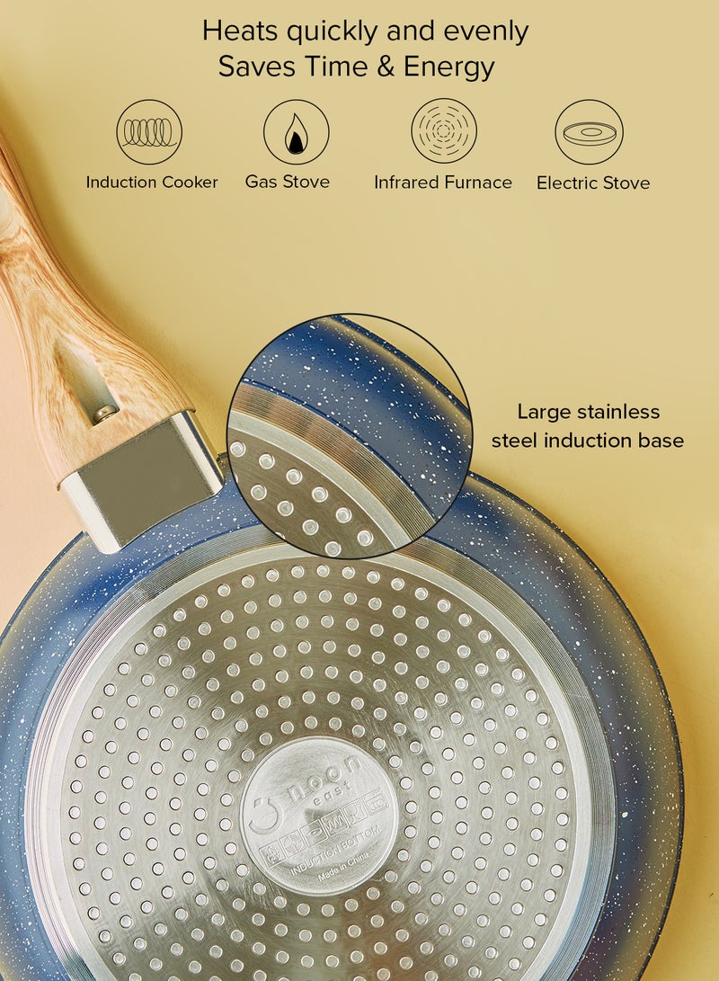 Noon East 10-Piece Cookware Set - Aluminium Pots And Pans - Non-Stick Surface - Wood Finish Handles - Tempered Glass Lids - PFOA Free - Frying Pan, Casserole With Lid, Saucepan, Grill Pan, Kitchen Tools Granite - Image 3