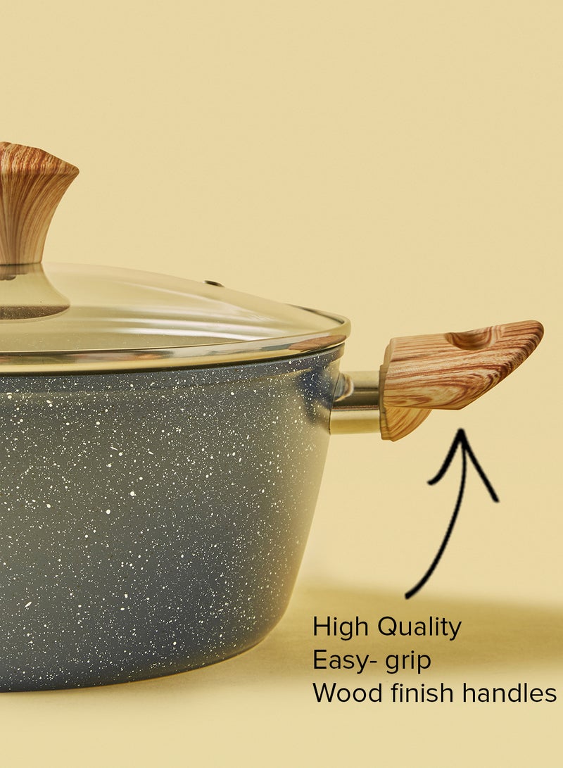 Noon East 10-Piece Cookware Set - Aluminium Pots And Pans - Non-Stick Surface - Wood Finish Handles - Tempered Glass Lids - PFOA Free - Frying Pan, Casserole With Lid, Saucepan, Grill Pan, Kitchen Tools Granite - Image 5