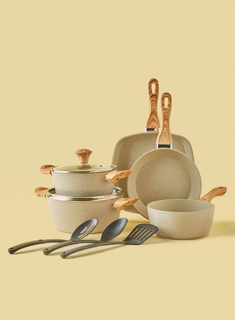 10-Piece Aluminium Pots And Pans Non-Stick Surface Wood Finish Handles Tempered Glass Lids PFOA Free Frying Pan, Casserole With Lid, Saucepan, Grill Pan, Kitchen Tools Beige