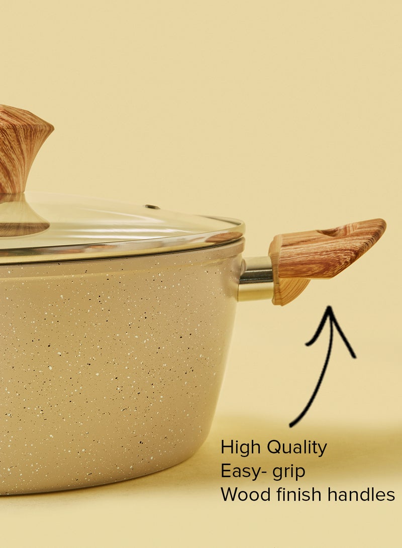 Noon East 10-Piece Aluminium Pots And Pans Non-Stick Surface Wood Finish Handles Tempered Glass Lids PFOA Free Frying Pan, Casserole With Lid, Saucepan, Grill Pan, Kitchen Tools Beige - Image 5