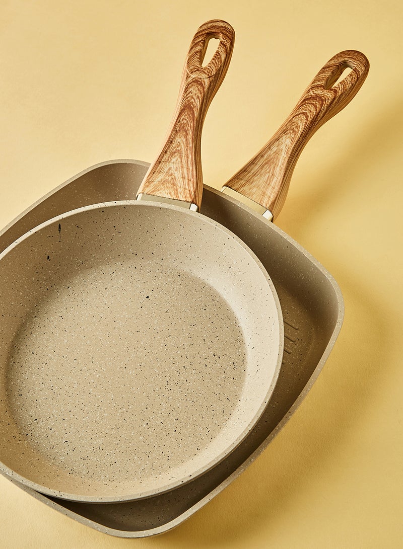 Noon East 10-Piece Aluminium Pots And Pans Non-Stick Surface Wood Finish Handles Tempered Glass Lids PFOA Free Frying Pan, Casserole With Lid, Saucepan, Grill Pan, Kitchen Tools Beige - Image 3