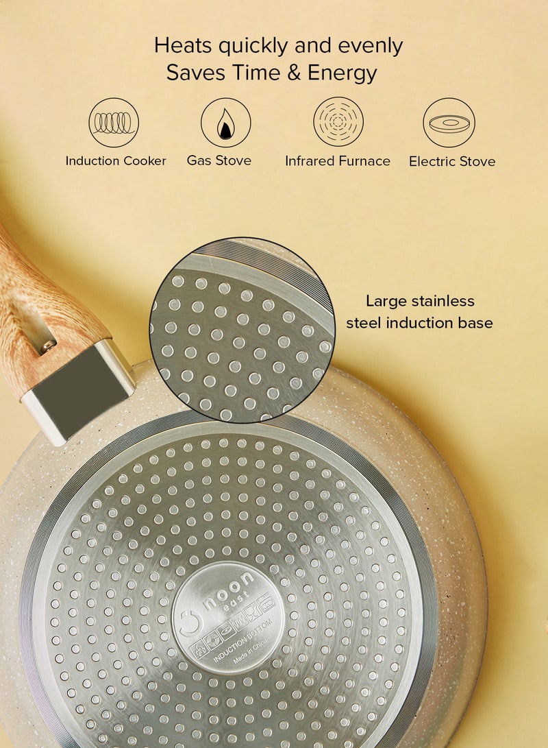 Noon East 10-Piece Aluminium Pots And Pans Non-Stick Surface Wood Finish Handles Tempered Glass Lids PFOA Free Frying Pan, Casserole With Lid, Saucepan, Grill Pan, Kitchen Tools Beige - Image 4