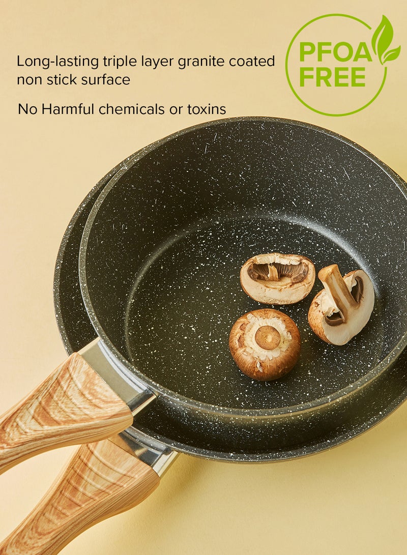 ايست من نون طقم أدوات طهي وقدور ومقالي مطلية بالجرانيت بأسطح مانعة للالتصاق ومقابض خشبية وأغطية من الزجاج المقوى وخالية من حمض بيرفلورو الأوكتانويك مكون من 15 قطعة - لون أسود 15-Piece أسود - Image 4