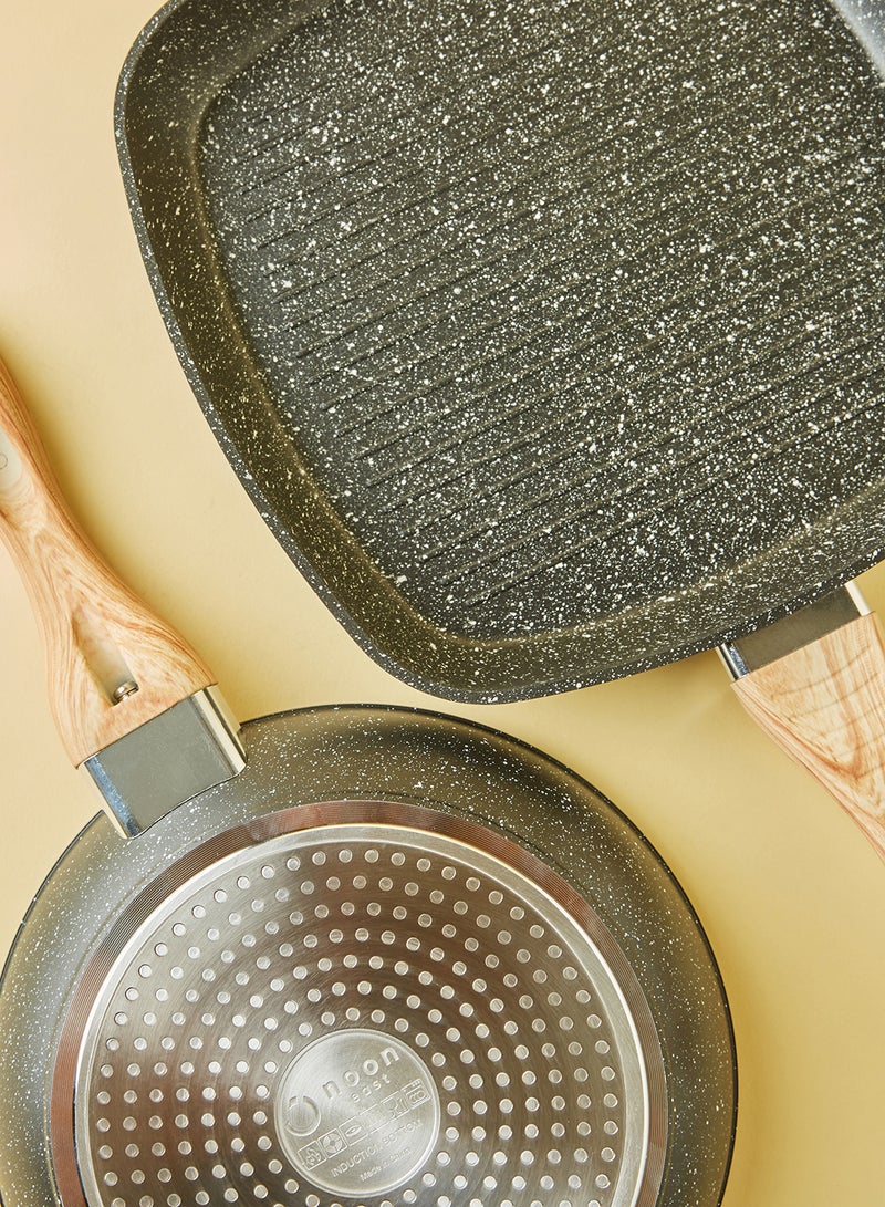 ايست من نون طقم أدوات طهي وقدور ومقالي مطلية بالجرانيت بأسطح مانعة للالتصاق ومقابض خشبية وأغطية من الزجاج المقوى وخالية من حمض بيرفلورو الأوكتانويك مكون من 15 قطعة - لون أسود 15-Piece أسود - Image 2