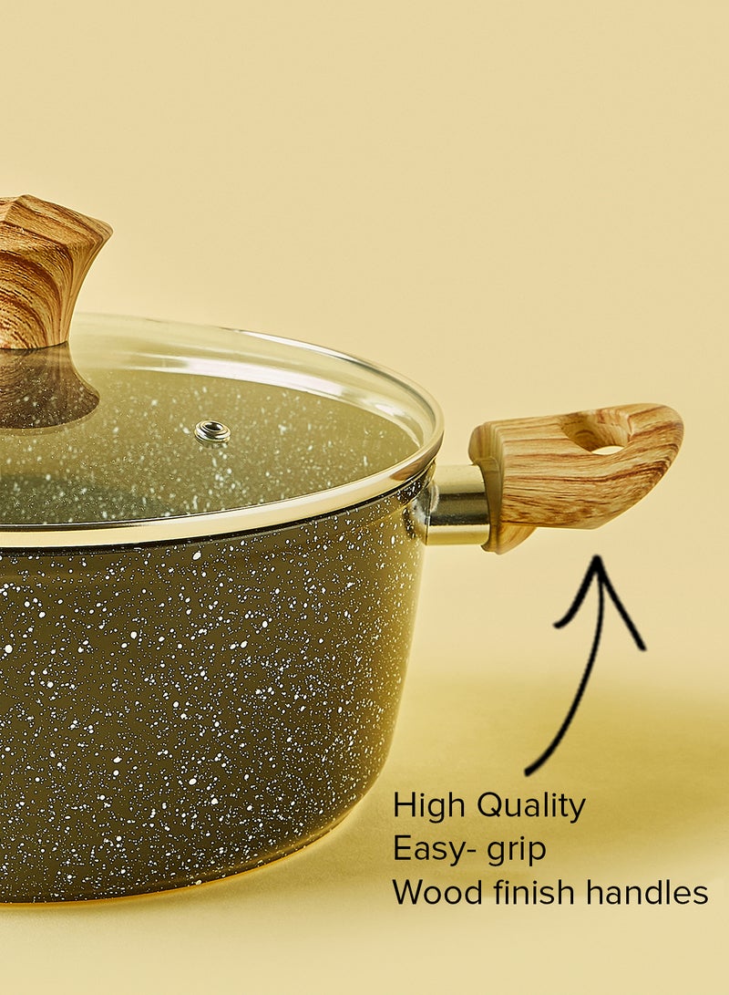 ايست من نون طقم أدوات طهي وقدور ومقالي مطلية بالجرانيت بأسطح مانعة للالتصاق ومقابض خشبية وأغطية من الزجاج المقوى وخالية من حمض بيرفلورو الأوكتانويك مكون من 15 قطعة - لون أسود 15-Piece أسود - Image 5