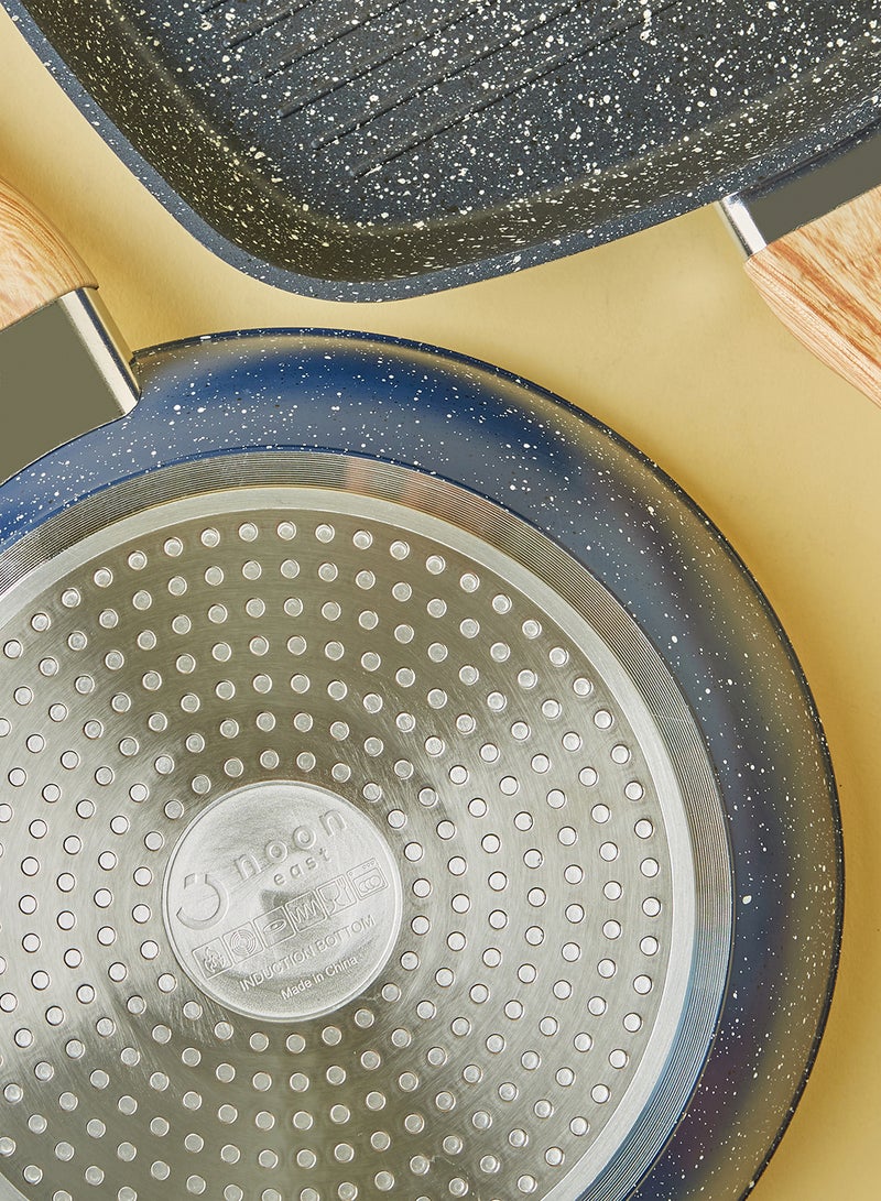 ايست من نون طقم أدوات طهي وقدور ومقالي مطلية بالجرانيت بأسطح مانعة للالتصاق ومقابض خشبية وأغطية من الزجاج المقوى وخالية من حمض بيرفلورو الأوكتانويك مكون من 15 قطعة - لون أزرق 15-Piece مارون - Image 2