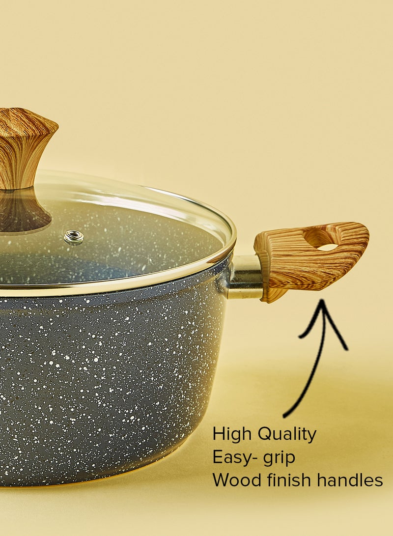 ايست من نون طقم أدوات طهي وقدور ومقالي مطلية بالجرانيت بأسطح مانعة للالتصاق ومقابض خشبية وأغطية من الزجاج المقوى وخالية من حمض بيرفلورو الأوكتانويك مكون من 15 قطعة - لون أزرق 15-Piece مارون - Image 5