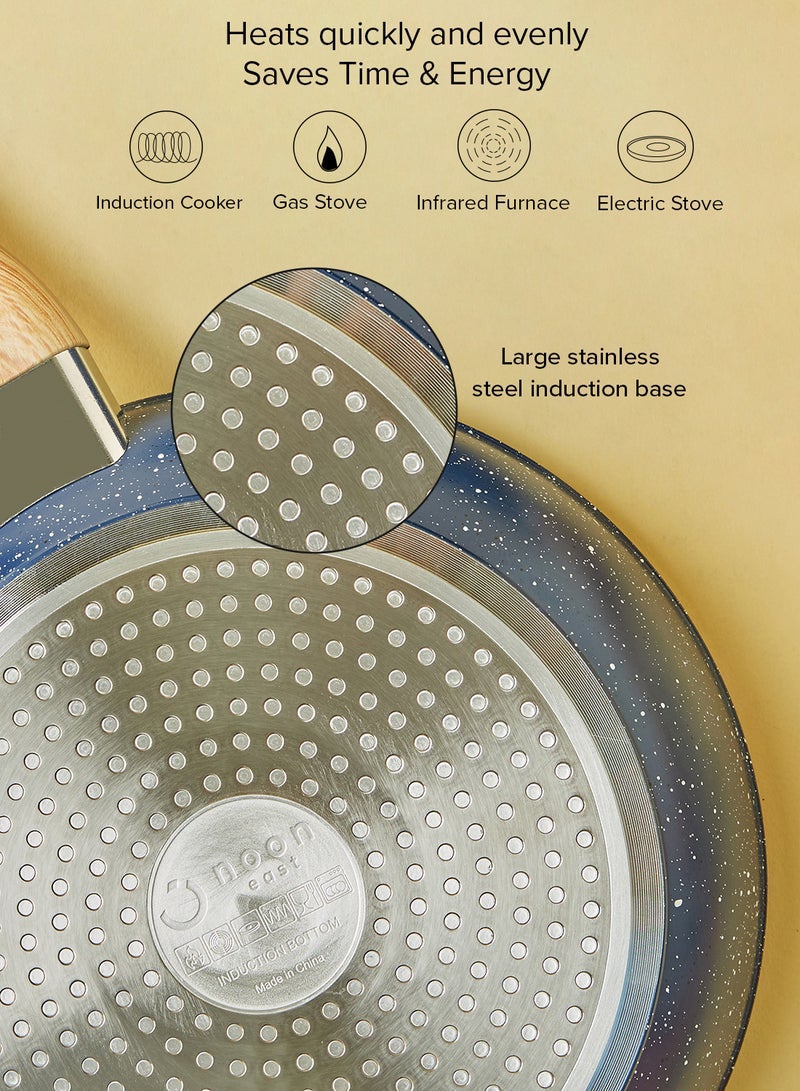 ايست من نون طقم أدوات طهي وقدور ومقالي مطلية بالجرانيت بأسطح مانعة للالتصاق ومقابض خشبية وأغطية من الزجاج المقوى وخالية من حمض بيرفلورو الأوكتانويك مكون من 15 قطعة - لون أزرق 15-Piece مارون - Image 3