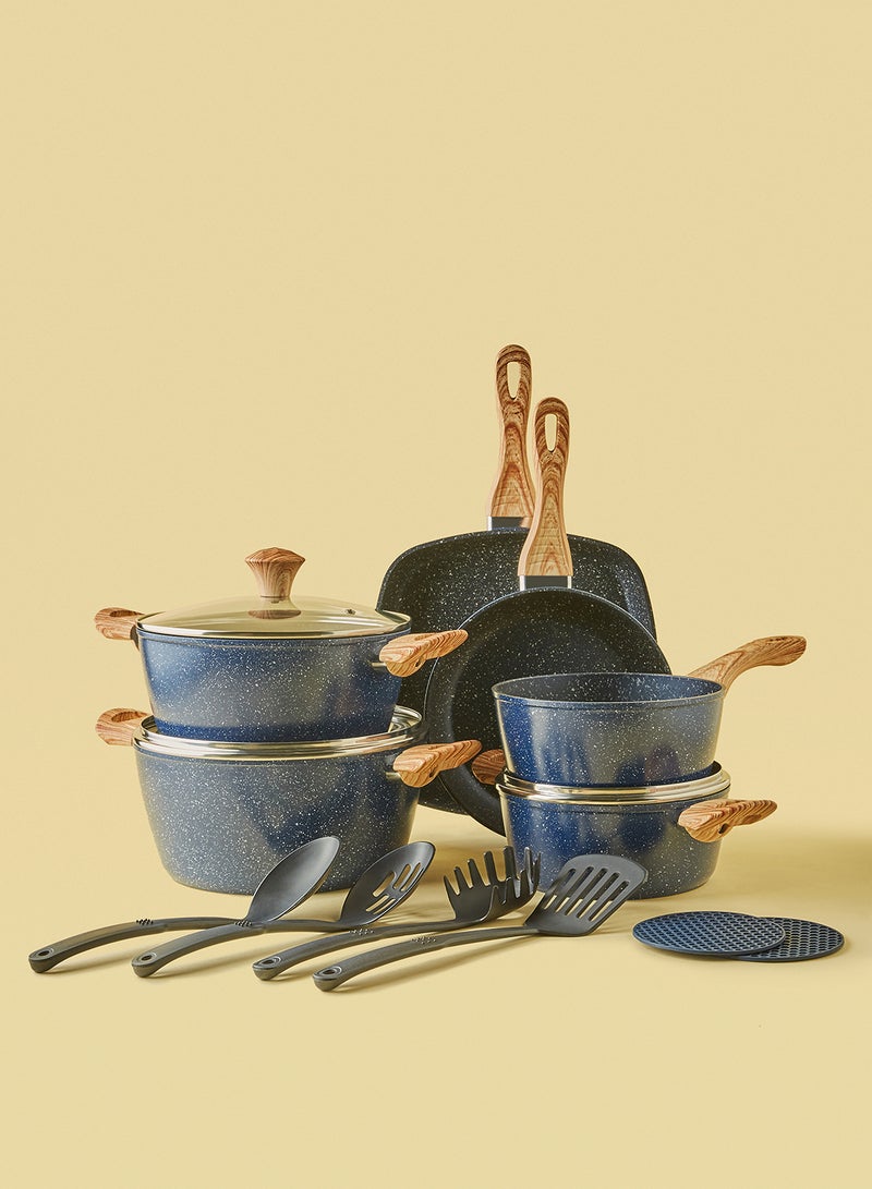 ايست من نون طقم أدوات طهي وقدور ومقالي مطلية بالجرانيت بأسطح مانعة للالتصاق ومقابض خشبية وأغطية من الزجاج المقوى وخالية من حمض بيرفلورو الأوكتانويك مكون من 15 قطعة - لون أزرق 15-Piece مارون - Image 1