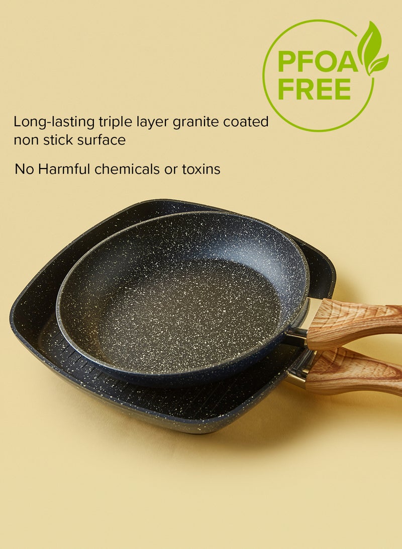 ايست من نون طقم أدوات طهي وقدور ومقالي مطلية بالجرانيت بأسطح مانعة للالتصاق ومقابض خشبية وأغطية من الزجاج المقوى وخالية من حمض بيرفلورو الأوكتانويك مكون من 15 قطعة - لون أزرق 15-Piece مارون - Image 4