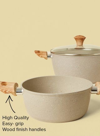 15-Piece 15 Piece Aluminum Cookware Set, Non-Stick Surface with Wood Finish Handles and Tempered Glass Lids, PFOA free, Includes 1x24cm Frypan, 1x28cm Grill pan, 1x20cm Saucepan, 1x20cm Casserole With Lid, 1x24cm Casserole With Lid, 1x26cm Casserole With Lid, 4x Nylon Kitchen Tools, 2x Silicon Heat Resistant Mats, Beige Beige - view 5