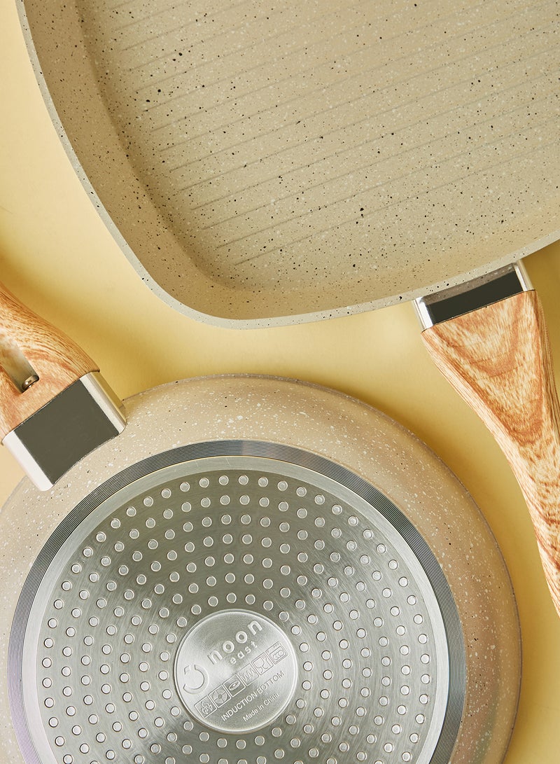 Noon East 15-Piece 15 Piece Aluminum Cookware Set, Non-Stick Surface with Wood Finish Handles and Tempered Glass Lids, PFOA free, Includes 1x24cm Frypan, 1x28cm Grill pan, 1x20cm Saucepan, 1x20cm Casserole With Lid, 1x24cm Casserole With Lid, 1x26cm Casserole With Lid, 4x Nylon Kitchen Tools, 2x Silicon Heat Resistant Mats, Beige Beige - Image 2