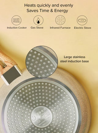 15-Piece 15 Piece Aluminum Cookware Set, Non-Stick Surface with Wood Finish Handles and Tempered Glass Lids, PFOA free, Includes 1x24cm Frypan, 1x28cm Grill pan, 1x20cm Saucepan, 1x20cm Casserole With Lid, 1x24cm Casserole With Lid, 1x26cm Casserole With Lid, 4x Nylon Kitchen Tools, 2x Silicon Heat Resistant Mats, Beige Beige - view 4