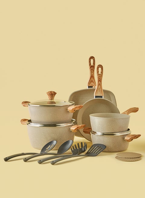 15-Piece 15 Piece Aluminum Cookware Set, Non-Stick Surface with Wood Finish Handles and Tempered Glass Lids, PFOA free, Includes 1x24cm Frypan, 1x28cm Grill pan, 1x20cm Saucepan, 1x20cm Casserole With Lid, 1x24cm Casserole With Lid, 1x26cm Casserole With Lid, 4x Nylon Kitchen Tools, 2x Silicon Heat Resistant Mats, Beige Beige