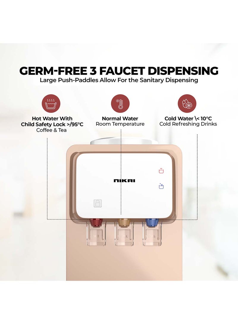 NIKAI - Top Loading Water Dispenser With 3 Tap Design Hot, Cool, Normal Water, And Refrigerator, Compressor Cooling, Refrigerator, Stainless Steel Tank, Low Noise, Anti-Bacterial Design, Anti-Spill NWD1900C Rose Gold/White - Image 1