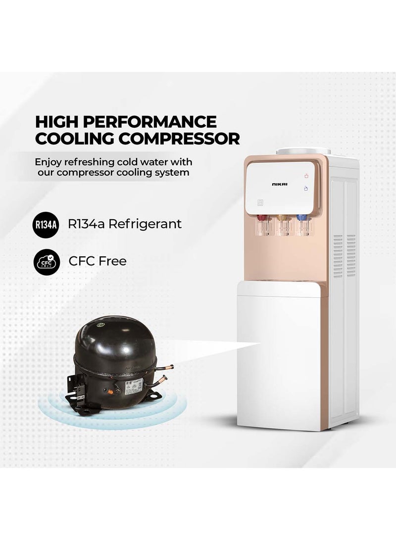 NIKAI - Top Loading Water Dispenser With 3 Tap Design Hot, Cool, Normal Water, And Refrigerator, Compressor Cooling, Refrigerator, Stainless Steel Tank, Low Noise, Anti-Bacterial Design, Anti-Spill NWD1900C Rose Gold/White - Image 1
