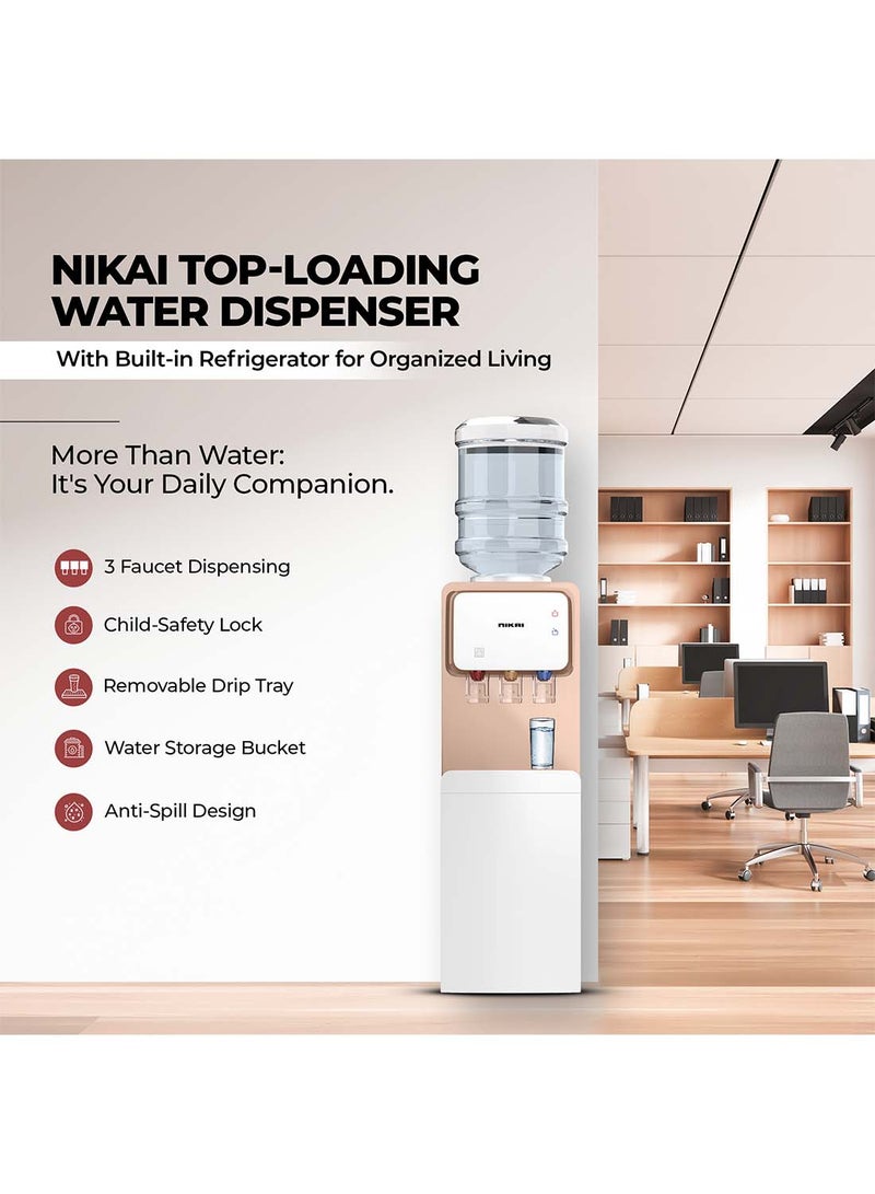 NIKAI - Top Loading Water Dispenser With 3 Tap Design Hot, Cool, Normal Water, And Refrigerator, Compressor Cooling, Refrigerator, Stainless Steel Tank, Low Noise, Anti-Bacterial Design, Anti-Spill NWD1900C Rose Gold/White - Image 1