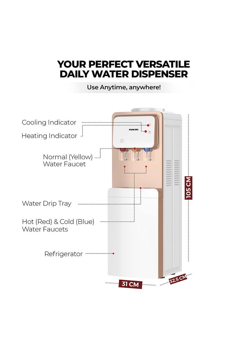 NIKAI - Top Loading Water Dispenser With 3 Tap Design Hot, Cool, Normal Water, And Refrigerator, Compressor Cooling, Refrigerator, Stainless Steel Tank, Low Noise, Anti-Bacterial Design, Anti-Spill NWD1900C Rose Gold/White - Image 1