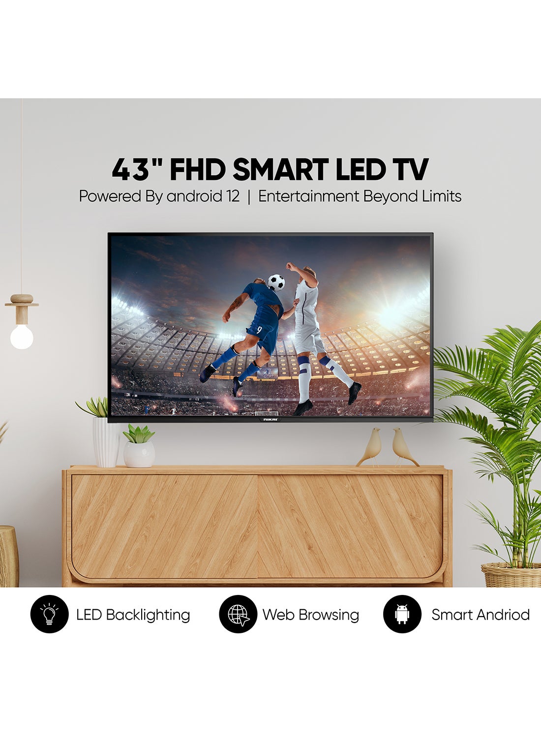 NIKAI 43 Inch Smart LED TV | Built-In Wi-Fi, Smart Apps, 2 HDMI Ports, 1GB RAM | 16W Speakers, Quad-Core Processor | Ultra-Slim Frame, Sleep Timer, Auto Power Off | Multilingual OSD, 60HZ - NTV4300SLED Black 