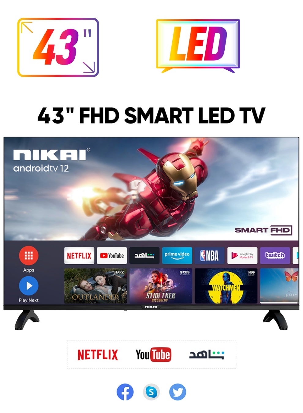 NIKAI 43 Inch Smart LED TV | Built-In Wi-Fi, Smart Apps, 2 HDMI Ports, 1GB RAM | 16W Speakers, Quad-Core Processor | Ultra-Slim Frame, Sleep Timer, Auto Power Off | Multilingual OSD, 60HZ - NTV4300SLED Black 